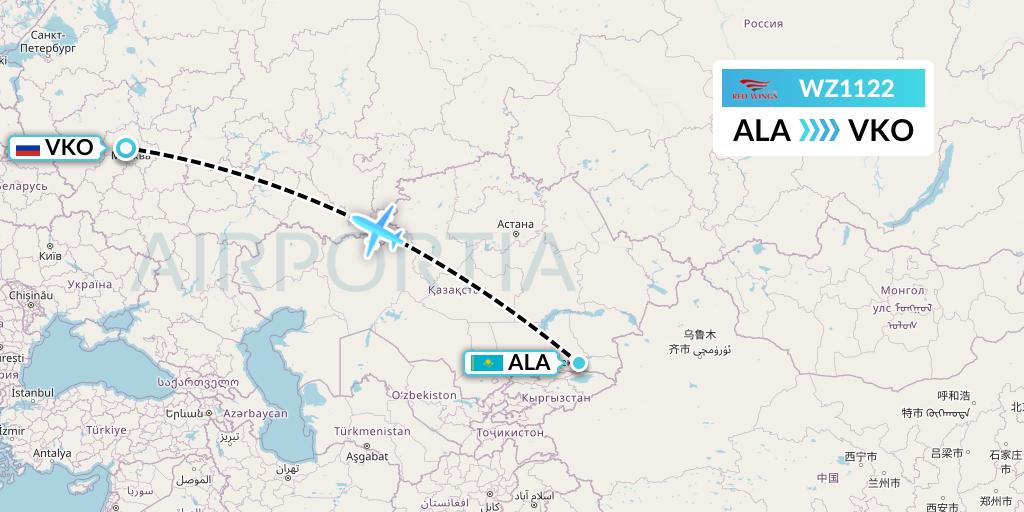 WZ1122 Red Wings Flight Map: Almaty to Moscow