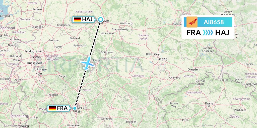 AI8658 Air India Flight Map: Frankfurt to Hannover