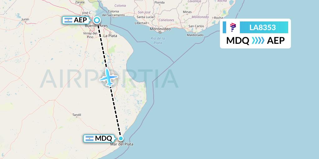 LA8353 LAN Airlines Flight Map: Mar del Plata to Buenos Aires