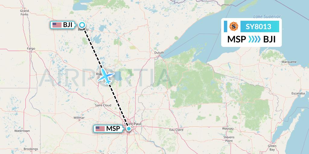 SY8013 Sun Country Airlines Flight Map: Minneapolis to Bemidji