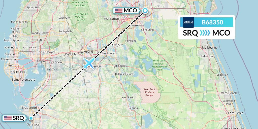 B68350 JetBlue Airways Flight Map: Sarasota to Orlando