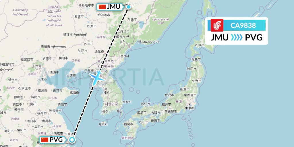 CA9838 Air China Flight Map: Jiamusi to Shanghai