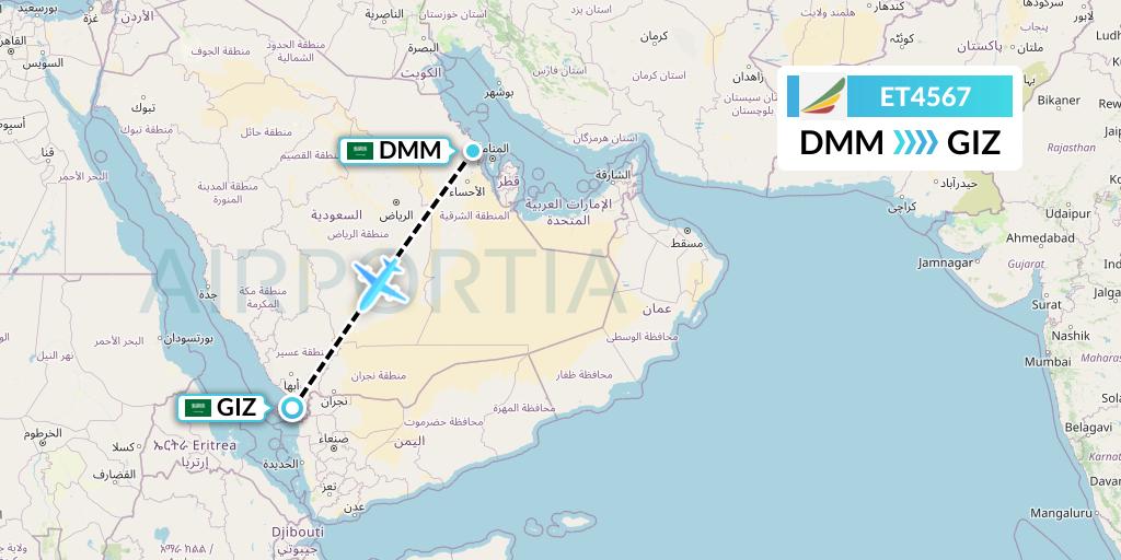 ET4567 Ethiopian Airlines Flight Map: Dammam to Jizan