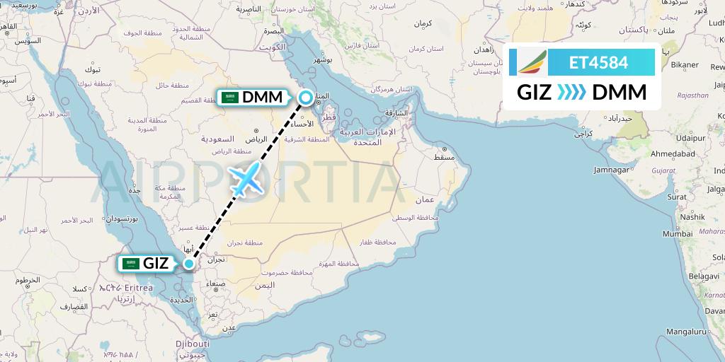 ET4584 Ethiopian Airlines Flight Map: Jizan to Dammam