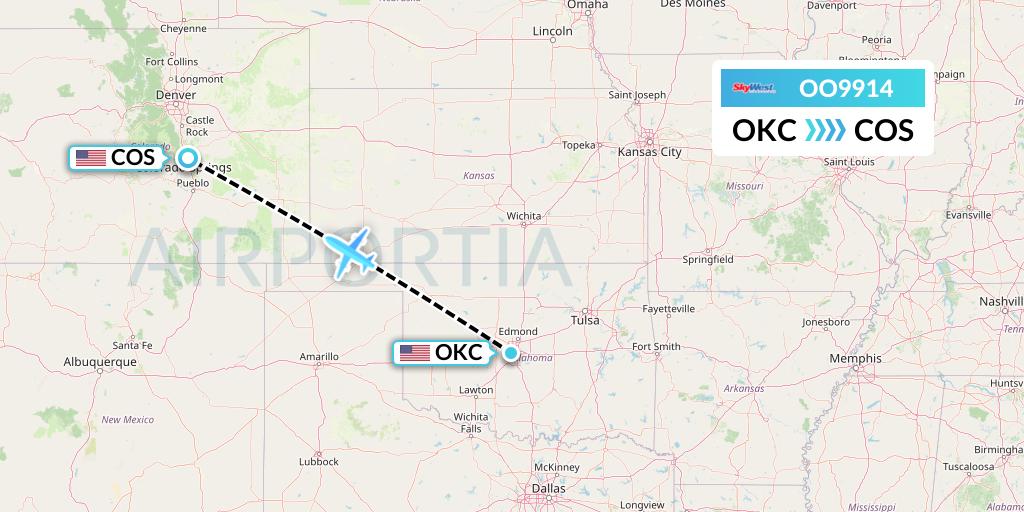 OO9914 SkyWest Airlines Flight Map: Oklahoma City to Colorado Springs