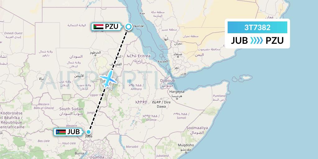 3T7382 Tarco Airlines Flight Map: Juba to Port Sudan