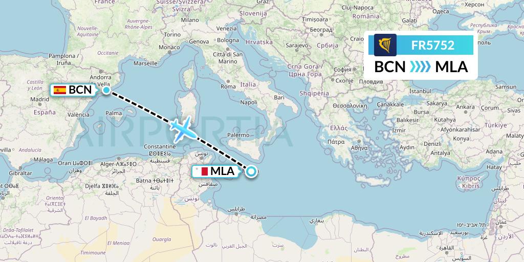 FR5752 Ryanair Flight Map: Barcelona to Malta