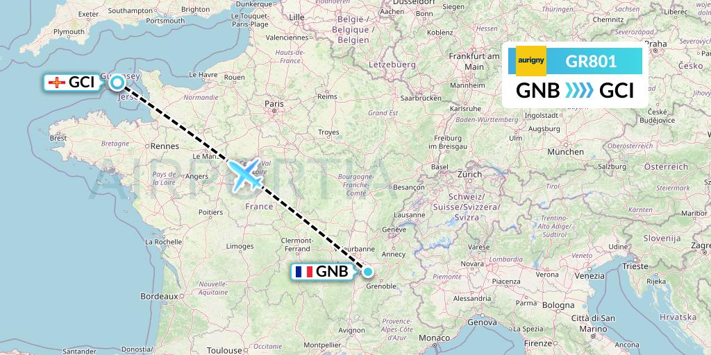 GR801 Aurigny Air Services Flight Map: Grenoble to Guernsey