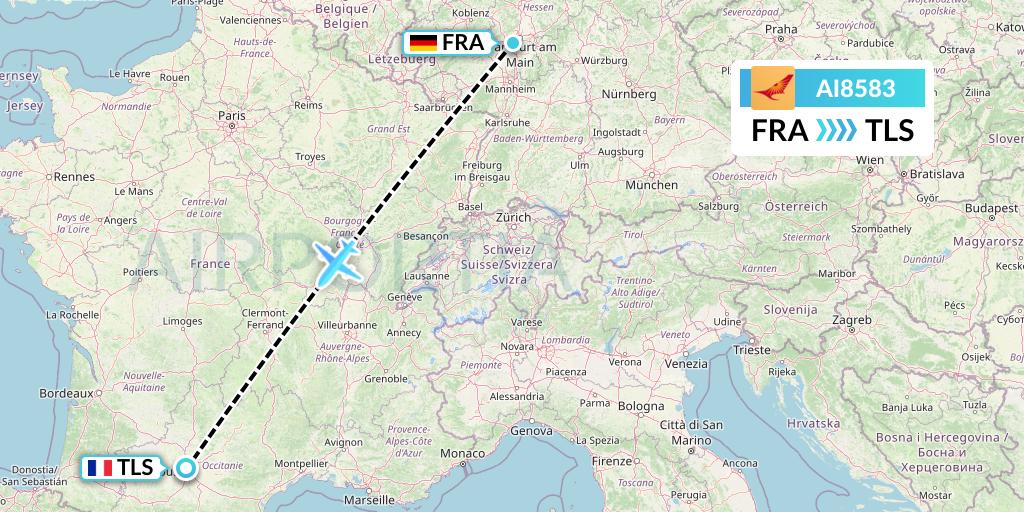 AI8583 Air India Flight Map: Frankfurt to Toulouse