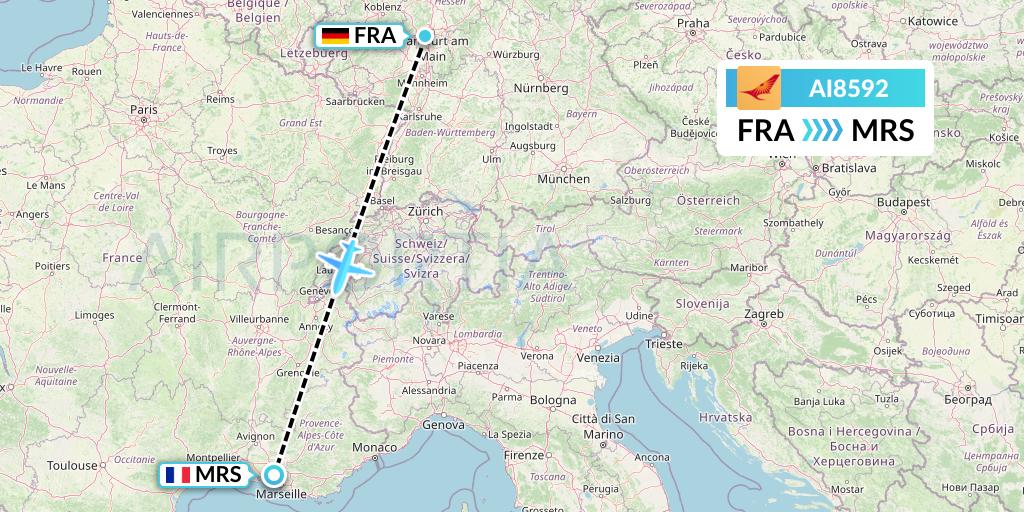 AI8592 Air India Flight Map: Frankfurt to Marseille