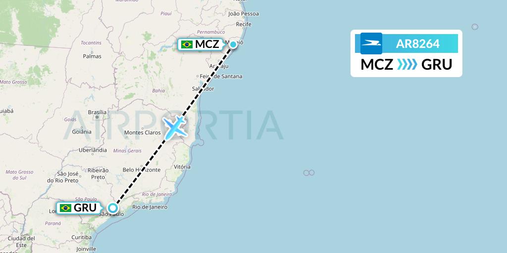 AR8264 Aerolineas Argentinas Flight Map: Maceio to Sao Paulo