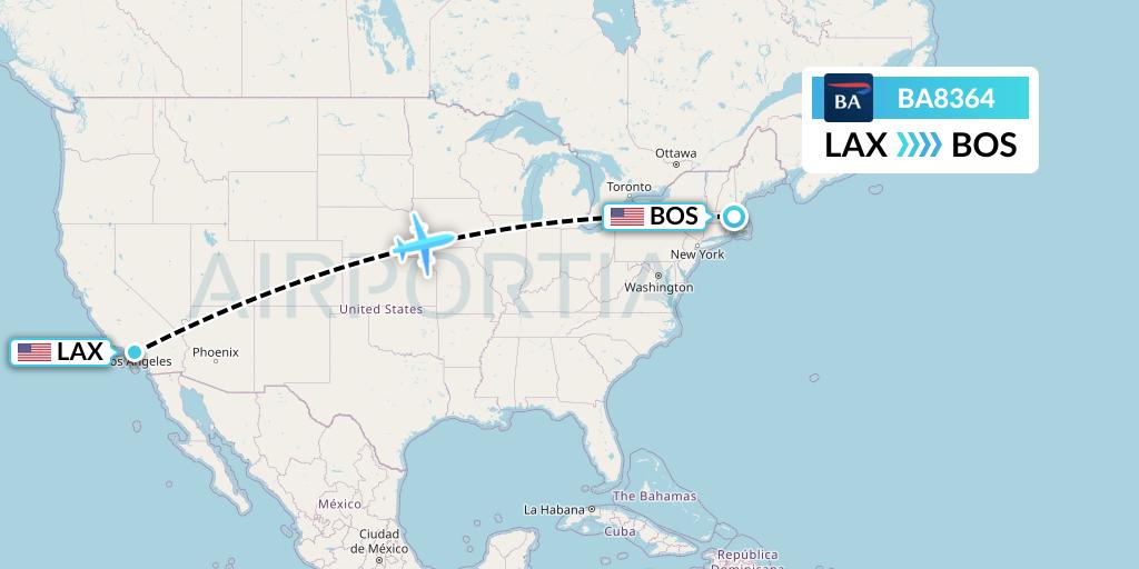BA8364 British Airways Flight Map: Los Angeles to Boston