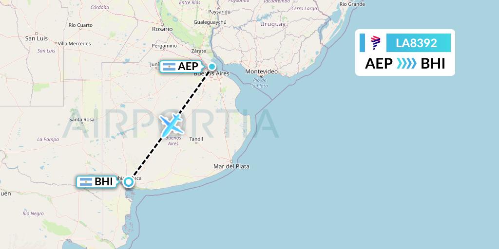 LA8392 LAN Airlines Flight Map: Buenos Aires to Bahia Blanca