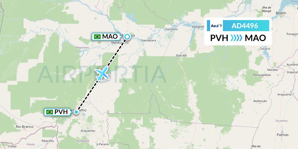 AD4496 Azul Brazilian Airlines Flight Map: Porto Velho to Manaus