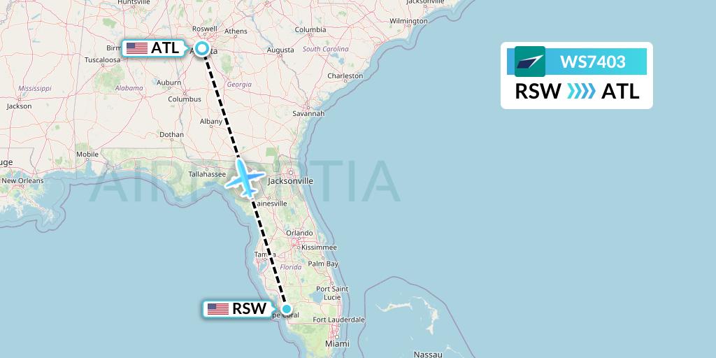 WS7403 WestJet Flight Map: Fort Myers to Atlanta
