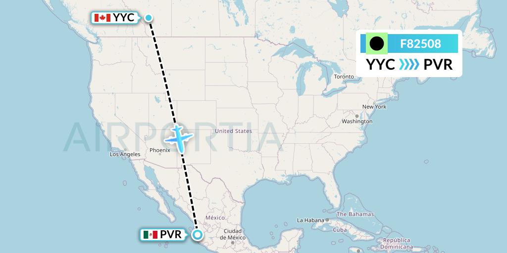 F82508 Flair Airlines Flight Map: Calgary to Puerto Vallarta