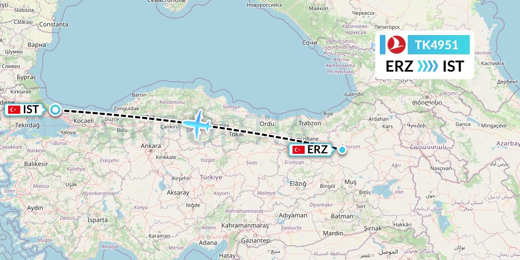 TK4951 Turkish Airlines Flight Map: Erzurum to Istanbul
