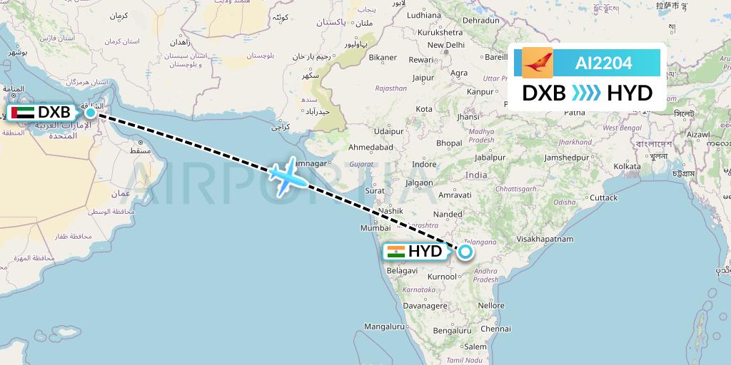 AI2204 Air India Flight Map: Dubai to Hyderabad