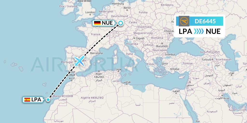 DE6445 Condor Flight Map: Las Palmas to Nurnberg