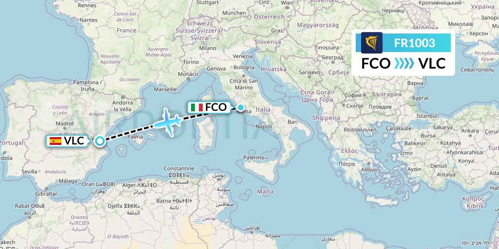 FR1003 Ryanair Flight Map: Rome to Valencia