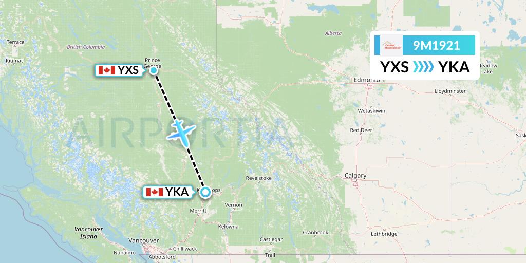 9M1921 Central Mountain Air Flight Map: Prince George to Kamloops