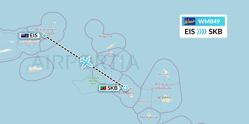 WM849 Winair Flight Map: Beef Island to Basseterre