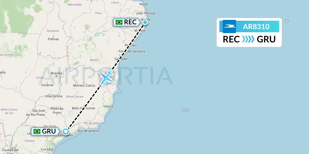 AR8310 Aerolineas Argentinas Flight Map: Recife to Sao Paulo