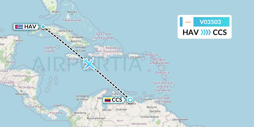 V03503 Conviasa Flight Map: Havana to Caracas