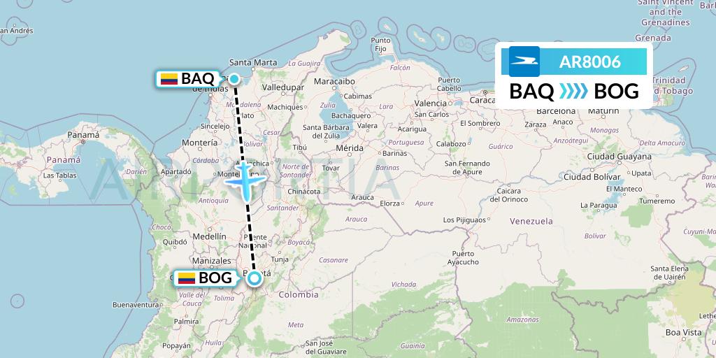 AR8006 Aerolineas Argentinas Flight Map: Barranquilla to Bogota