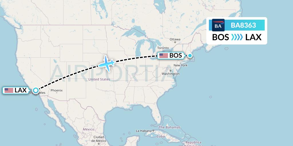 BA8363 British Airways Flight Map: Boston to Los Angeles