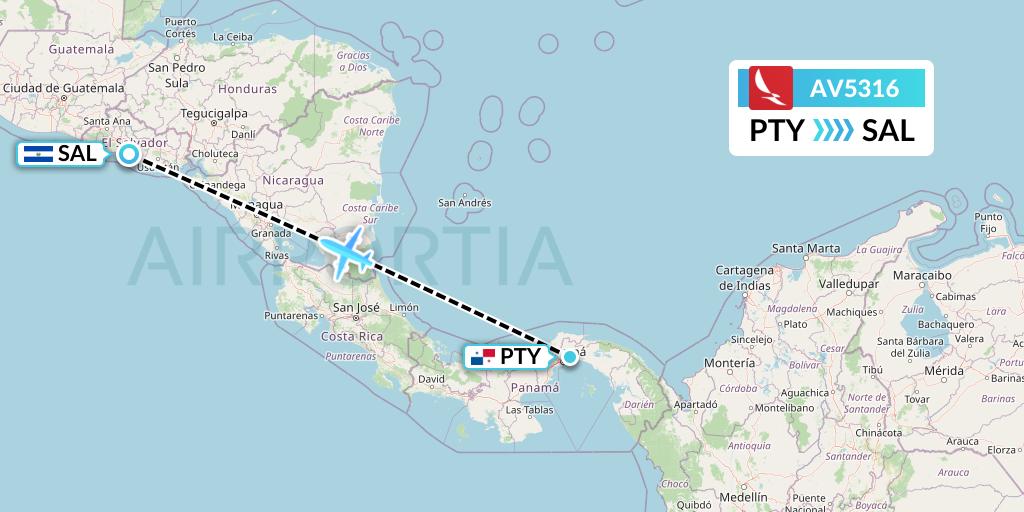 AV5316 Avianca Flight Map: Panama City to San Salvador