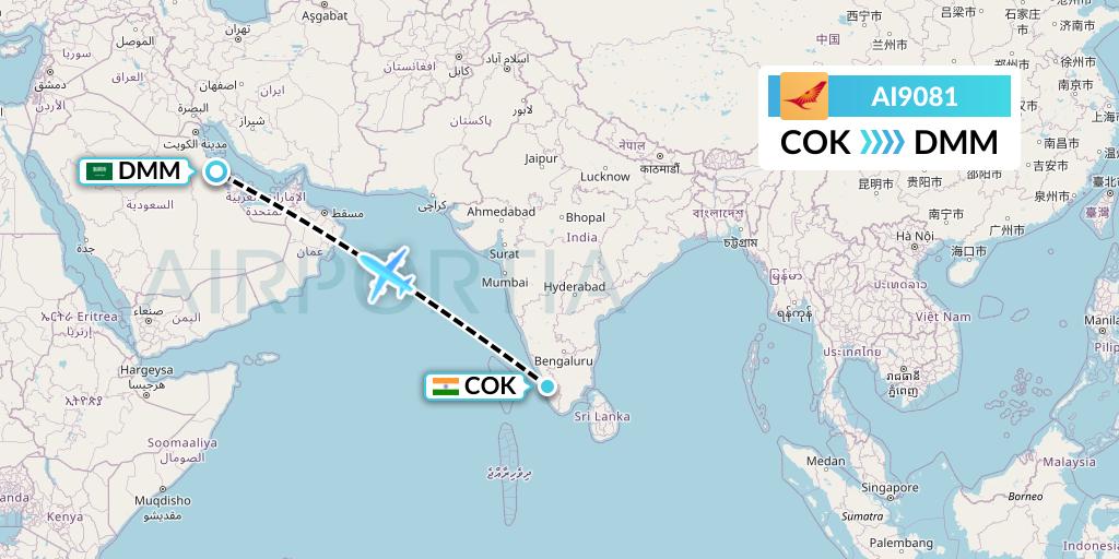 AI9081 Air India Flight Map: Cochin to Dammam
