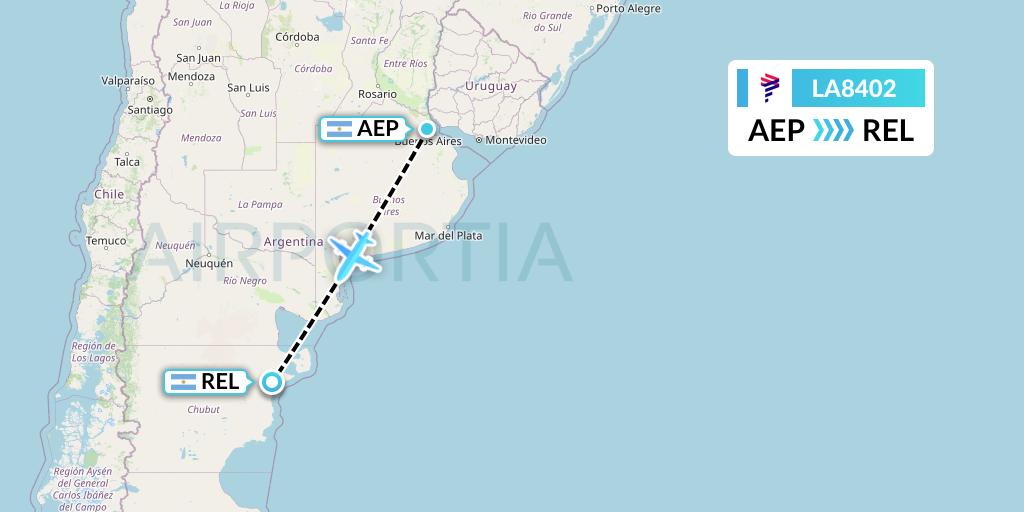 LA8402 LAN Airlines Flight Map: Buenos Aires to Trelew