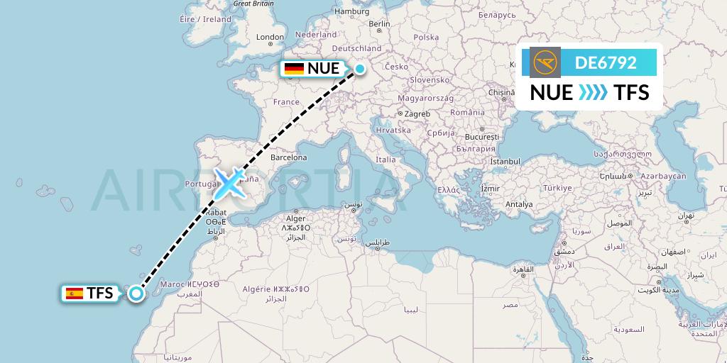 DE6792 Condor Flight Map: Nurnberg to Tenerife