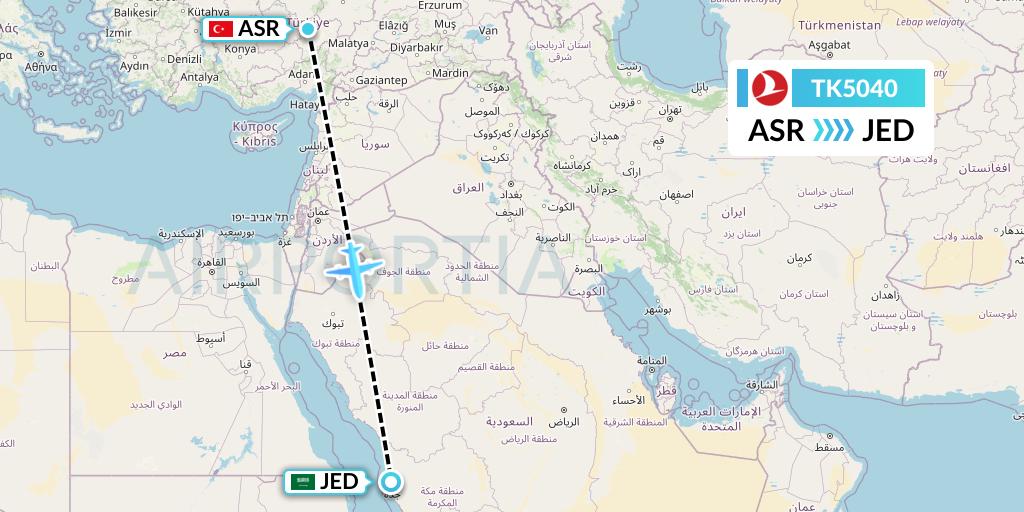 TK5040 Turkish Airlines Flight Map: Kayseri to Jeddah