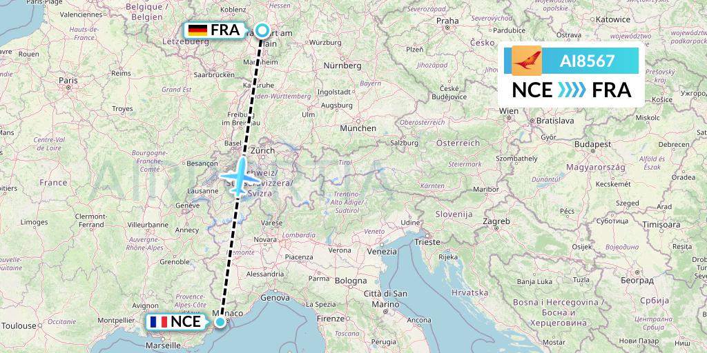AI8567 Air India Flight Map: Nice to Frankfurt
