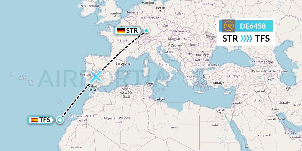 DE6458 Condor Flight Map: Stuttgart to Tenerife
