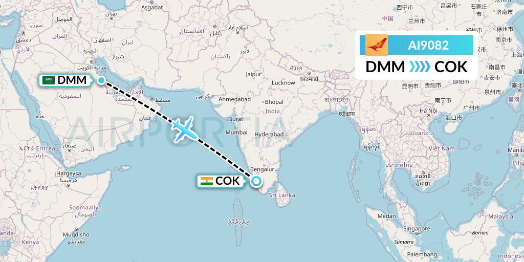 AI9082 Air India Flight Map: Dammam to Cochin