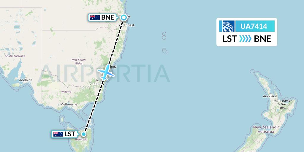 UA7414 United Airlines Flight Map: Launceston to Brisbane