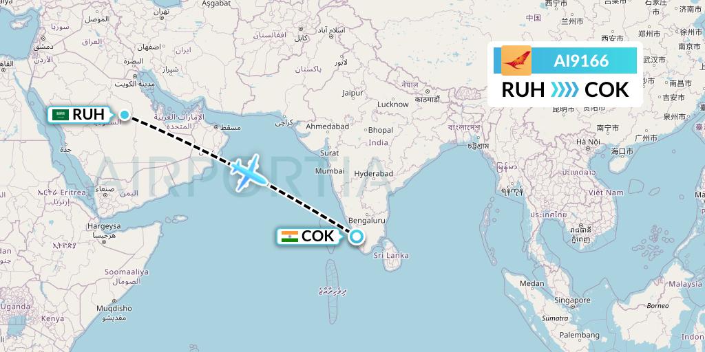 AI9166 Air India Flight Map: Riyadh to Cochin