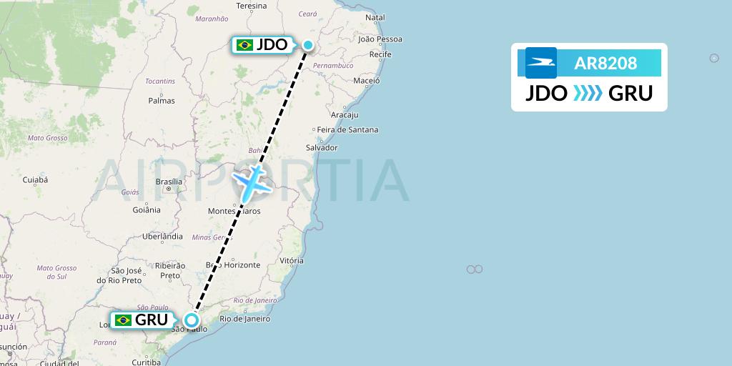 AR8208 Aerolineas Argentinas Flight Map: Juazeiro Do Norte to Sao Paulo