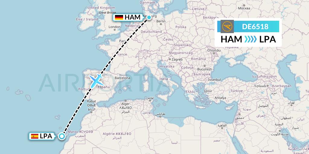 DE6518 Condor Flight Map: Hamburg to Las Palmas