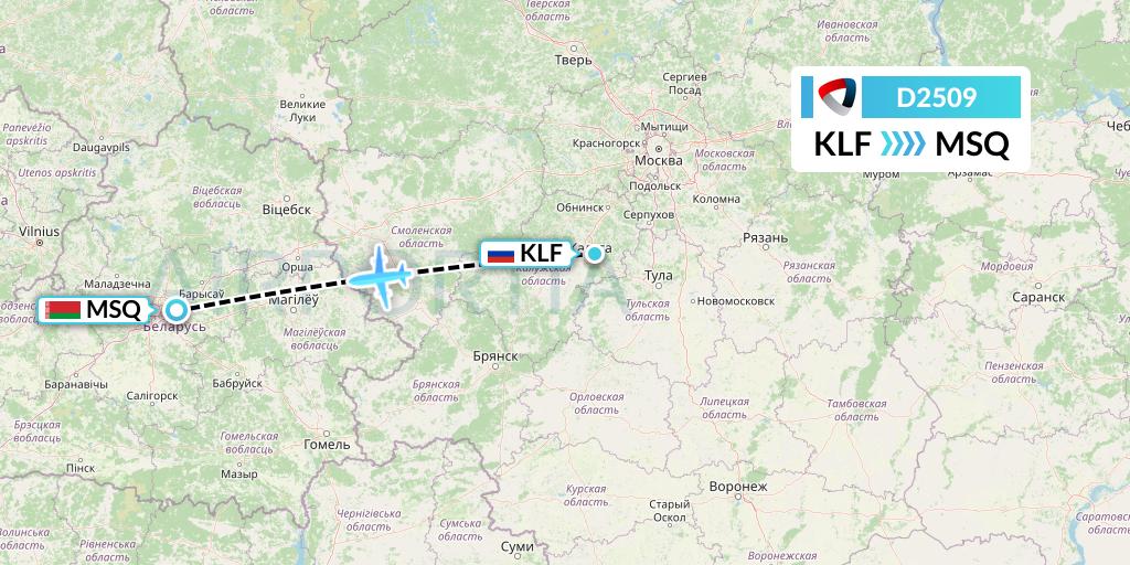 D2509 Severstal Aircompany Flight Map: Kaluga to Minsk