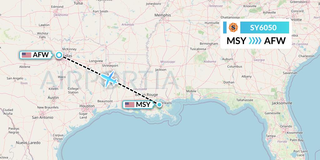 SY6050 Sun Country Airlines Flight Map: New Orleans to Fort Worth