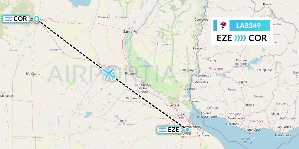 LA8349 LAN Airlines Flight Map: Buenos Aires to Cordoba