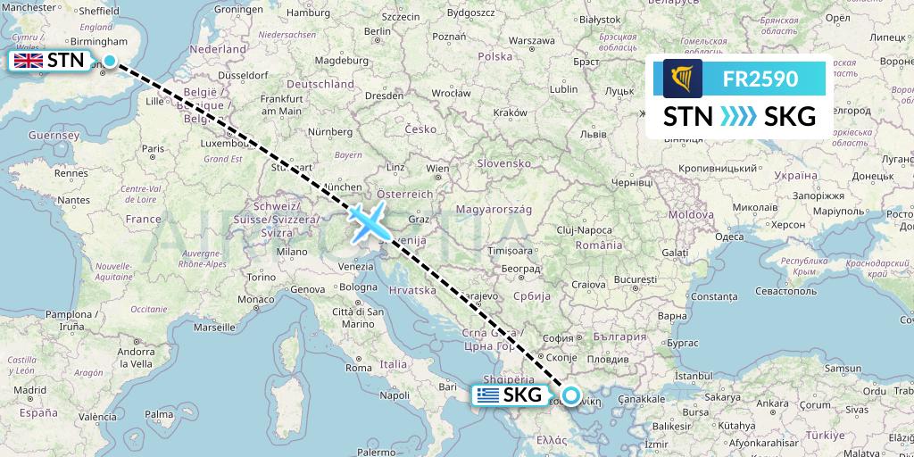 FR2590 Ryanair Flight Map: London to Thessaloniki