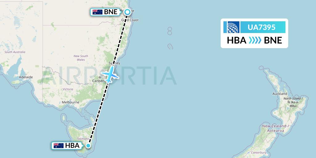 UA7395 United Airlines Flight Map: Hobart to Brisbane