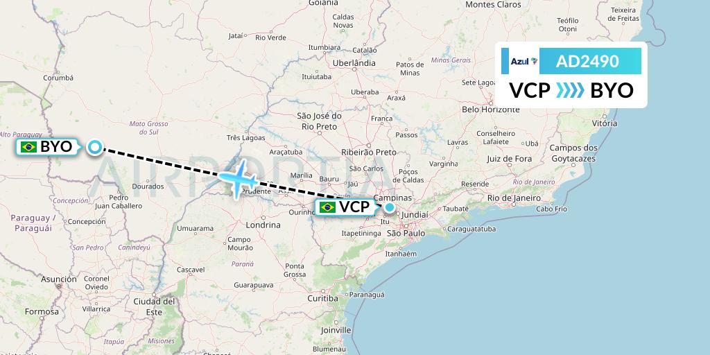 AD2490 Azul Brazilian Airlines Flight Map: Campinas to Bonito