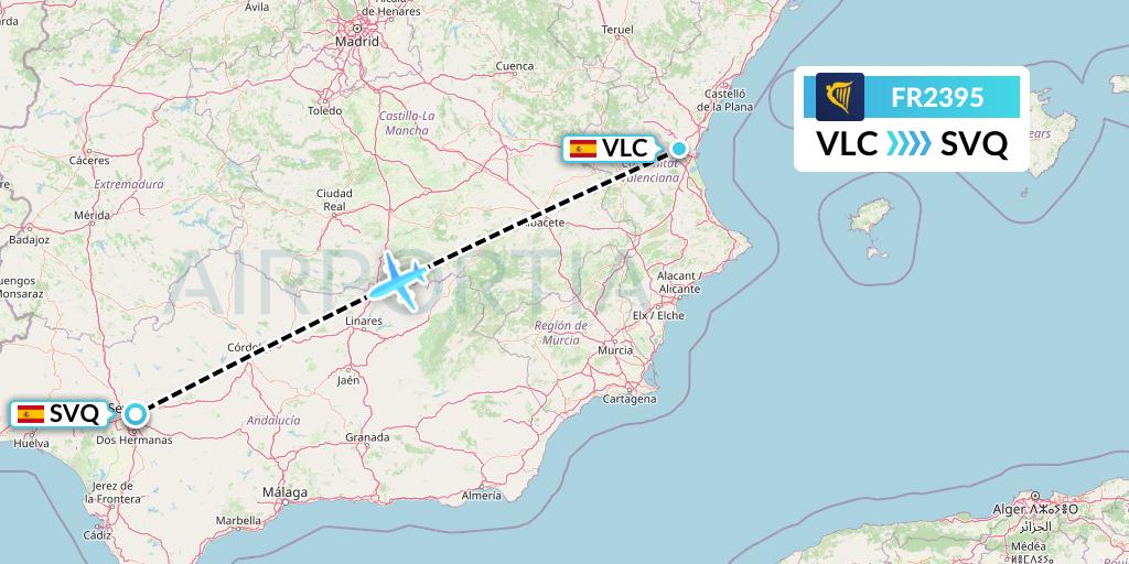 FR2395 Ryanair Flight Map: Valencia to Seville
