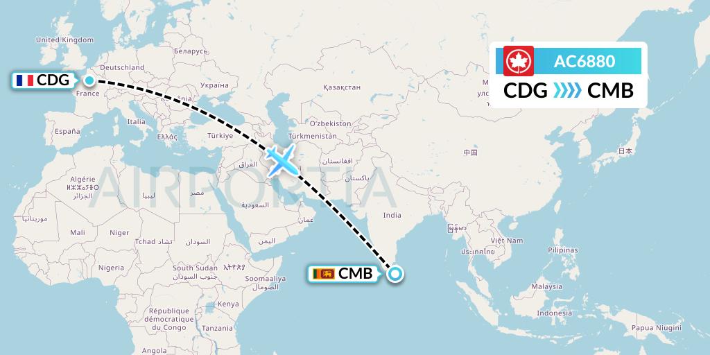 AC6880 Air Canada Flight Map: Paris to Colombo
